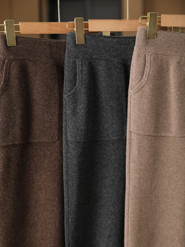 New Classy Autumn Winter Soft Thick Warm Wool Women Pencil Pants Woman 100% Merino Wool Trousers Elastic Waist Knited Wool Pants