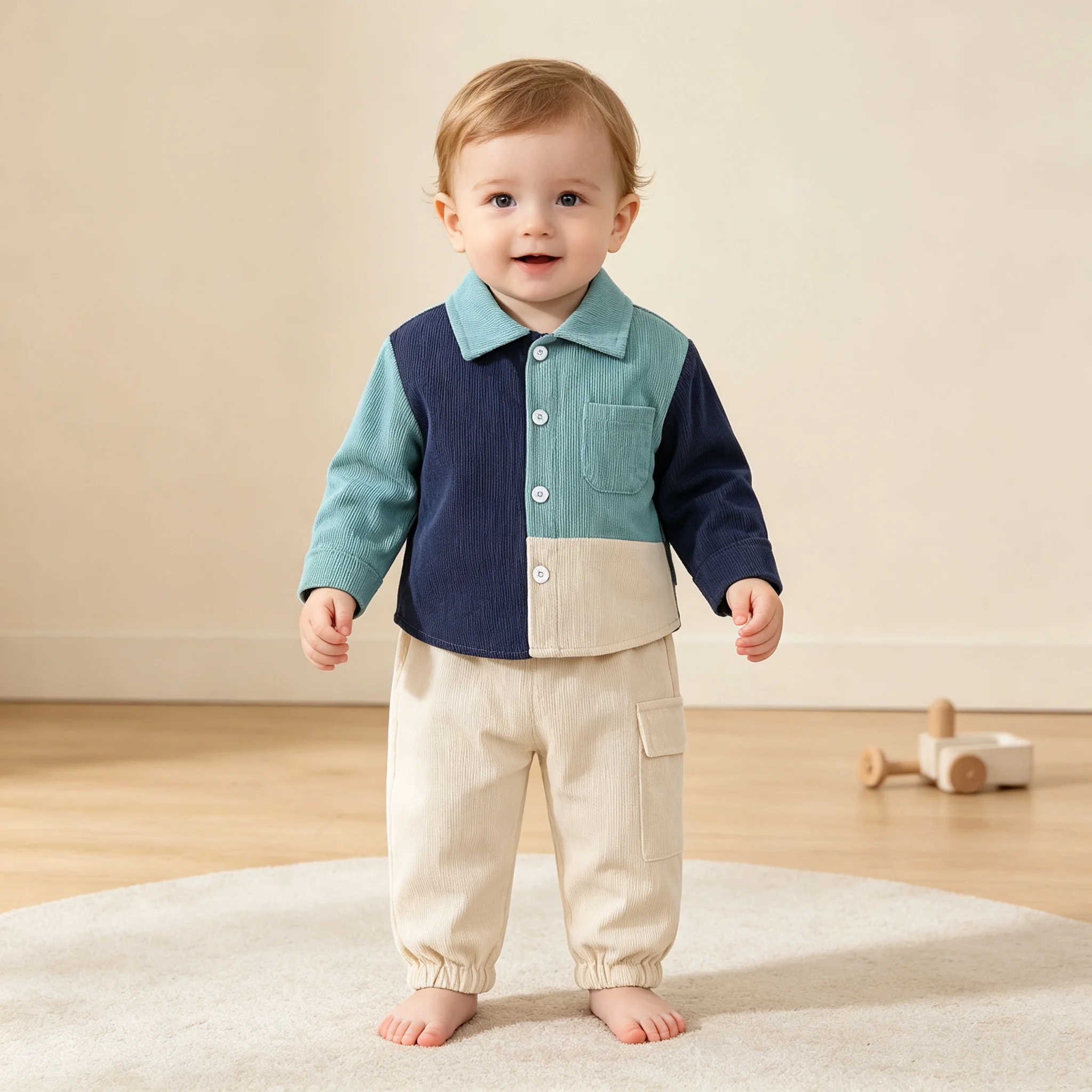 Boys Spring Autumn Corduroy Two-Piece Set Color Block Collar Button Jacket + Beige Workwear Pants Ensemble for Babies