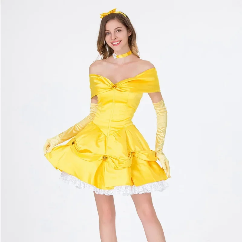 الجمال والوحش فستان قصير مثير زي الهالوين التأثيري حسناء الأميرة حفلة تنكرية كرنفال أدوار الكبار البدلة MN1