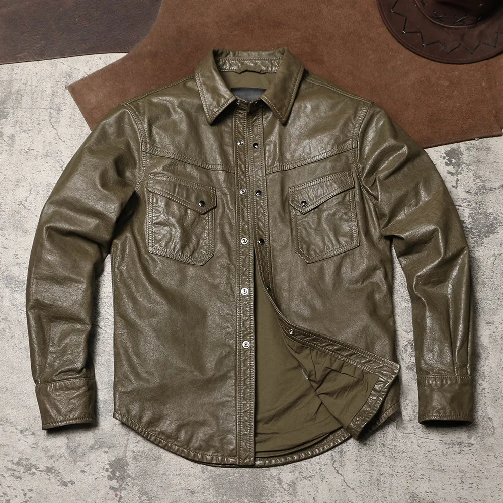 

Unisex Vintage Lapel Genuine Leather Shirt Slim Fit Soft Thin Washed Distressed Cowhide Jacket Spring Autumn