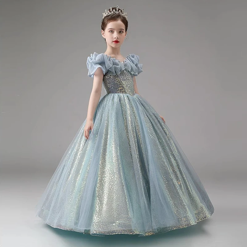 Vestido de princesa infantil com lantejoulas para meninas, festa de aniversário infantil, longos vestidos de baile formais, vestidos de gala luxuosos, azul