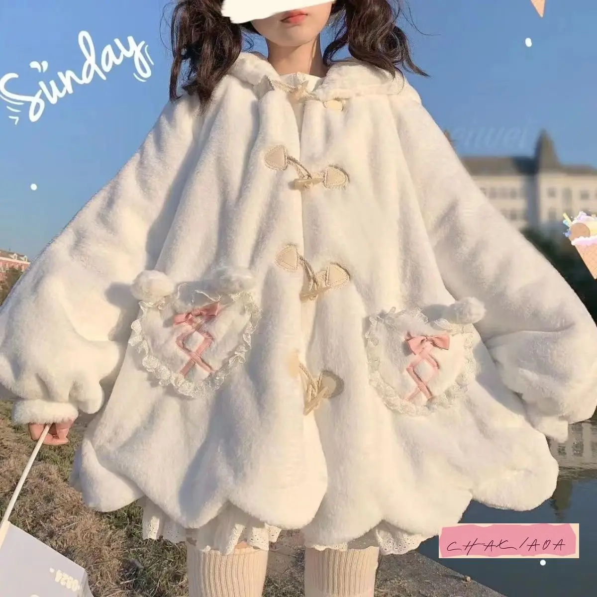 

Sweet Cute Pink Plush Hooded Top with Rabbit Ears Fashionable Y2K Loose Casual Cotton-padded White Jacket Women Autumn Winter