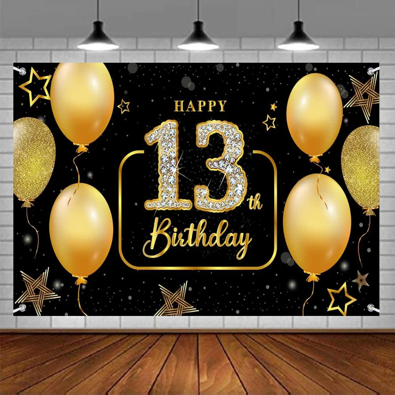 

Photography Backdrop Banner For Girls Boys Black And Gold Balloons Happy 13th Birthday Photo Background Decor Sign Booth Props