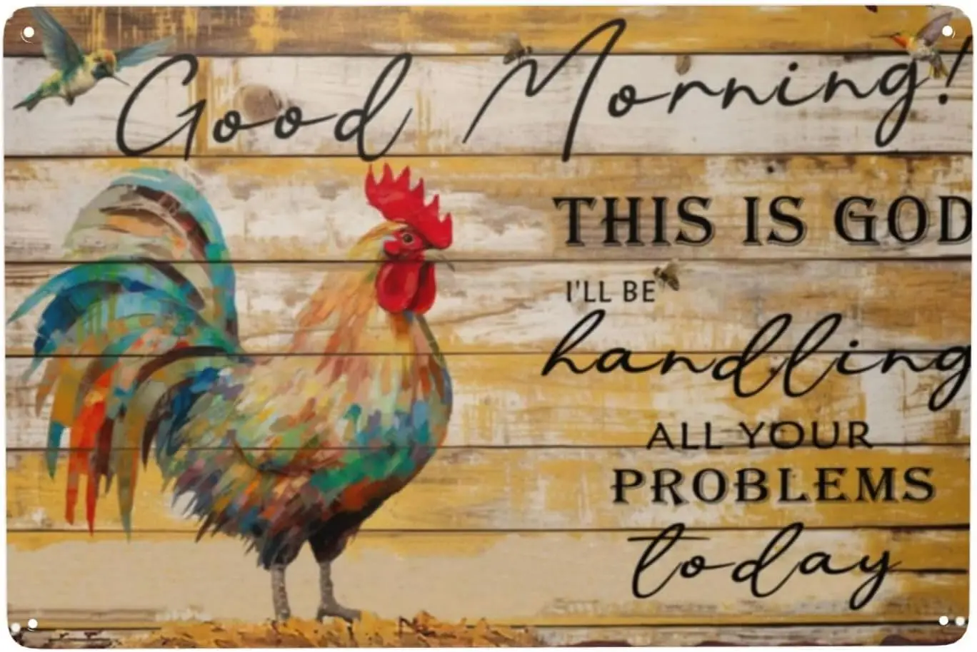 Funny Chicken Tin Sign - Vintage 'Good Morning This is God' Design - Retro Metal Wall Art for Man Cave or Bedroom - sign