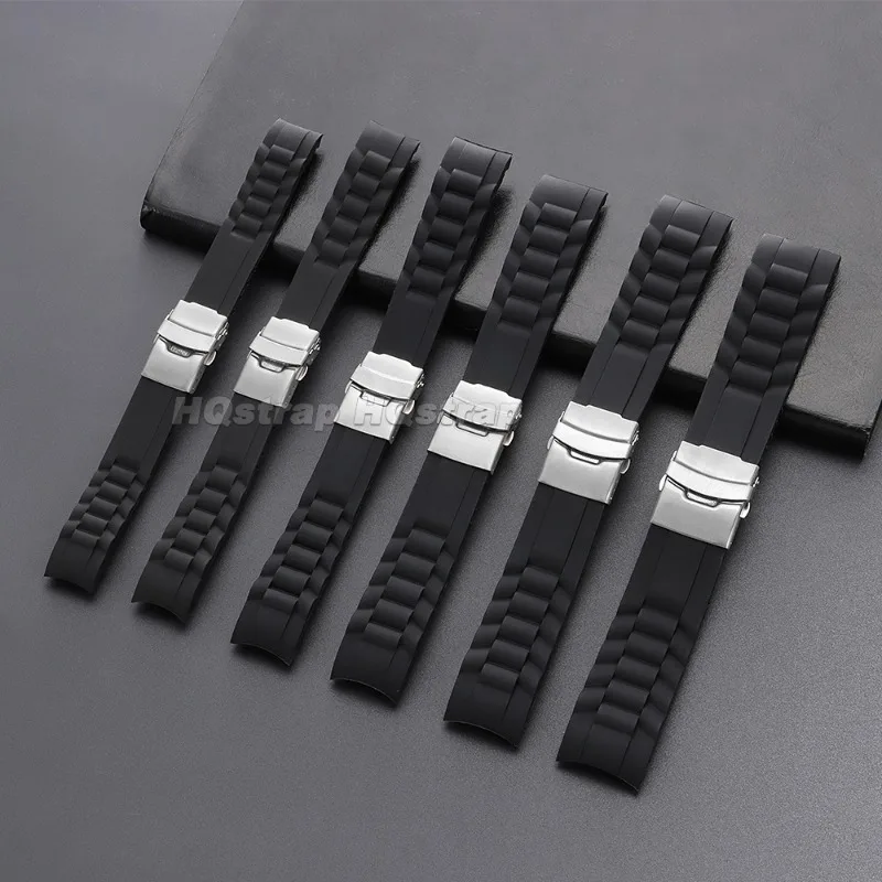 Curved End Silicone Watch Strap 16mm 18mm 20mm 22mm 24mm 26mm Sport Waterproof Rubber Watchband Deployment Clasp Wrist Bracelet view 3