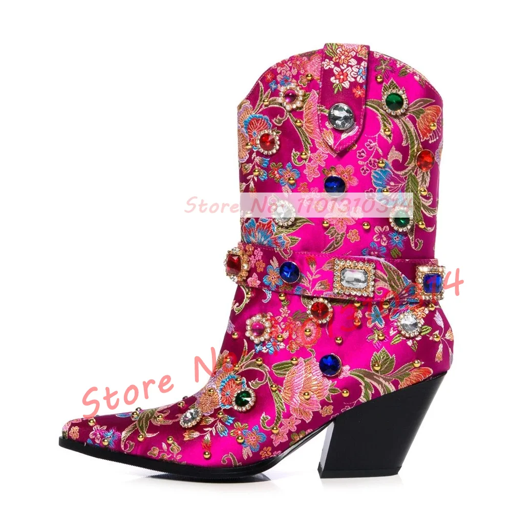 Gems Floral Western Bootie Women Luxury Crystal Studded Chunky Heels Shoes Ladies Belt Detail Pointy Brocade Bling Mid-calf Boot