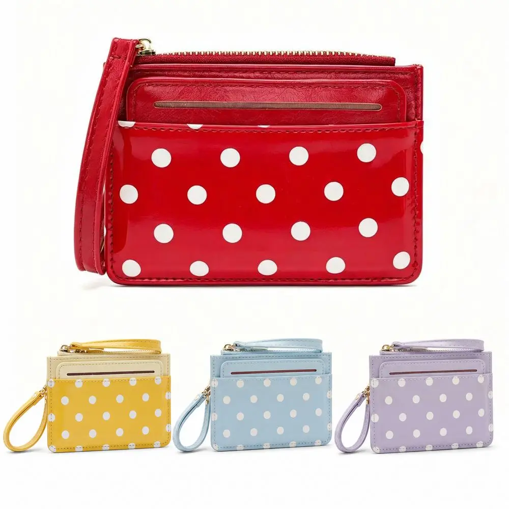 New PU Coin Purse Polka Dot Zipper Closure Card Holder Wallet Wrist Strap Multi Card Slots Mini Card Wallet Card Organization