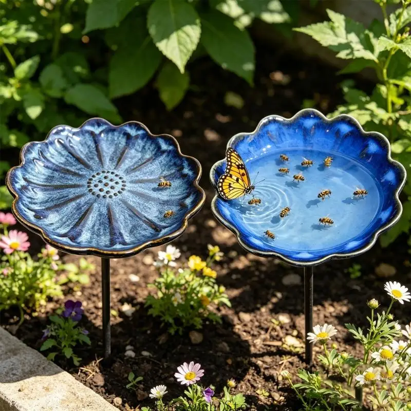 Outdoor Butterfly Drinking Dish in Ceramic with Flower Bowl and Stake for Balcony Garden Placement and Home Use 3XUF