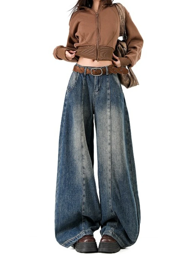 American Retro Plush Curved Knife Pants Autumn Winter New Loose Slimming Women's Jeans Lazy Straight Leg Wide Leg Denim Trousers