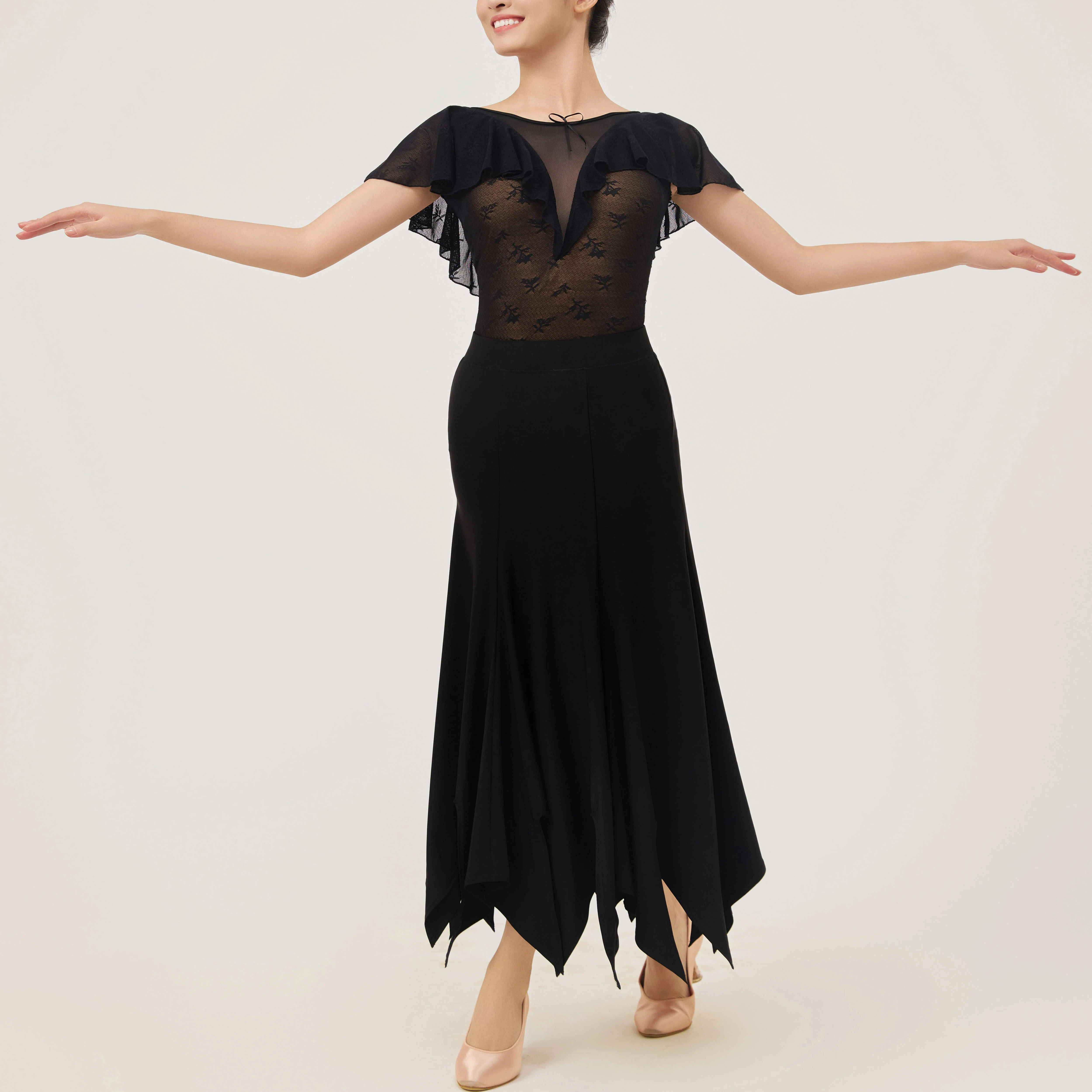 Abiti da ballo da sala Abiti da pratica per donna Top neri Gonna irregolare Abito da valzer Costume da spettacolo di danza sociale BL17574