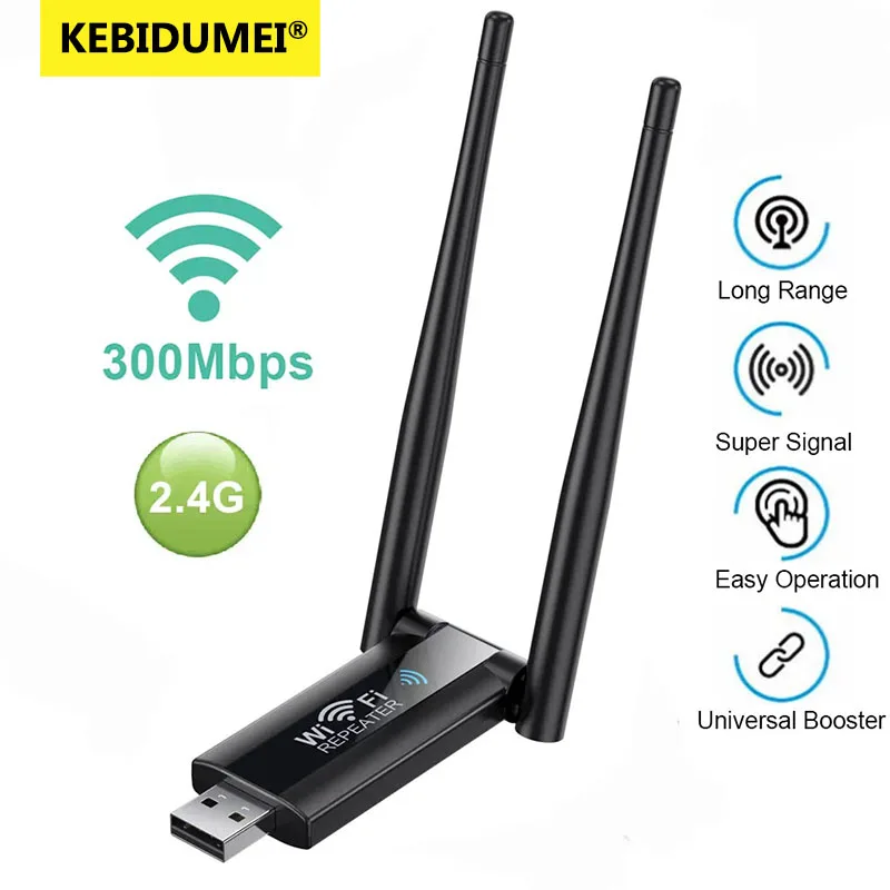 USB 2.4G 300Mbps Wireless WiFi Repeater Extender Router Wi-Fi Signal Amplifier Booster Long Range Network Card Adapter for PC