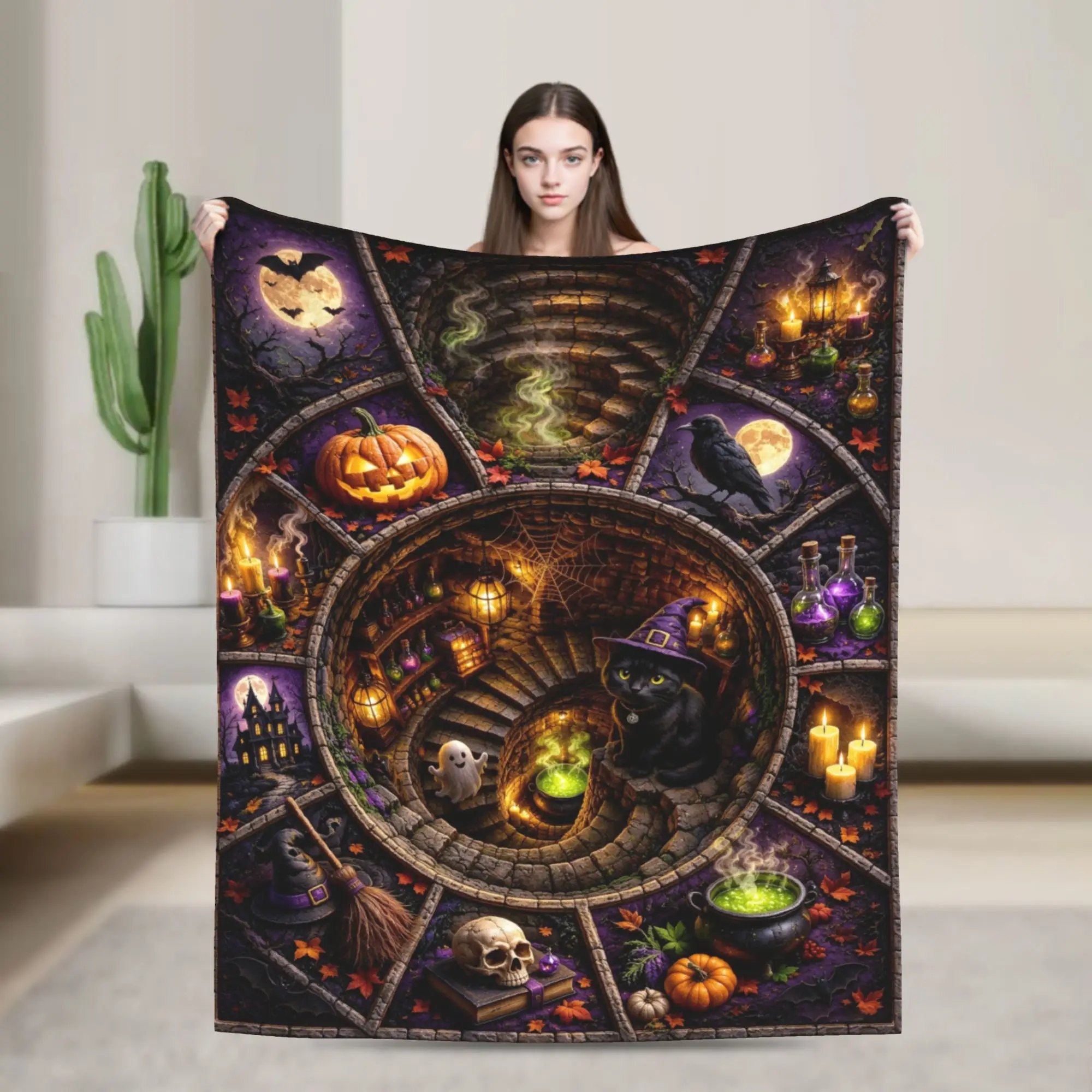 Halloween Spiral Optical Illusion Knitted Blanket Spooky Ghost  Flannel Throw Blanket Bedding Couch Printed Ultra-Soft Bedsprea