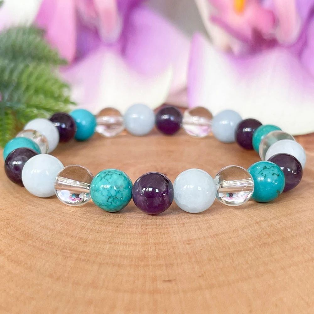 MG1493 Pisces Zodiac Gemstone Bracelet Turquoise Amethyst Aquamarine Clear Quartz Healing Crystals Jewelry March Birthstone