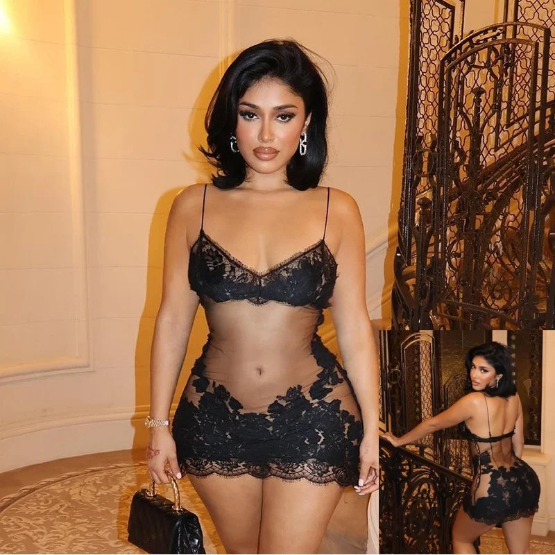 OSEN-minivestido de encaje de retales para mujer, vestido Sexy transparente con cuello Halter y espalda descubierta con volantes fruncidos, corte en A, impresionante ropa para discoteca de medianoche