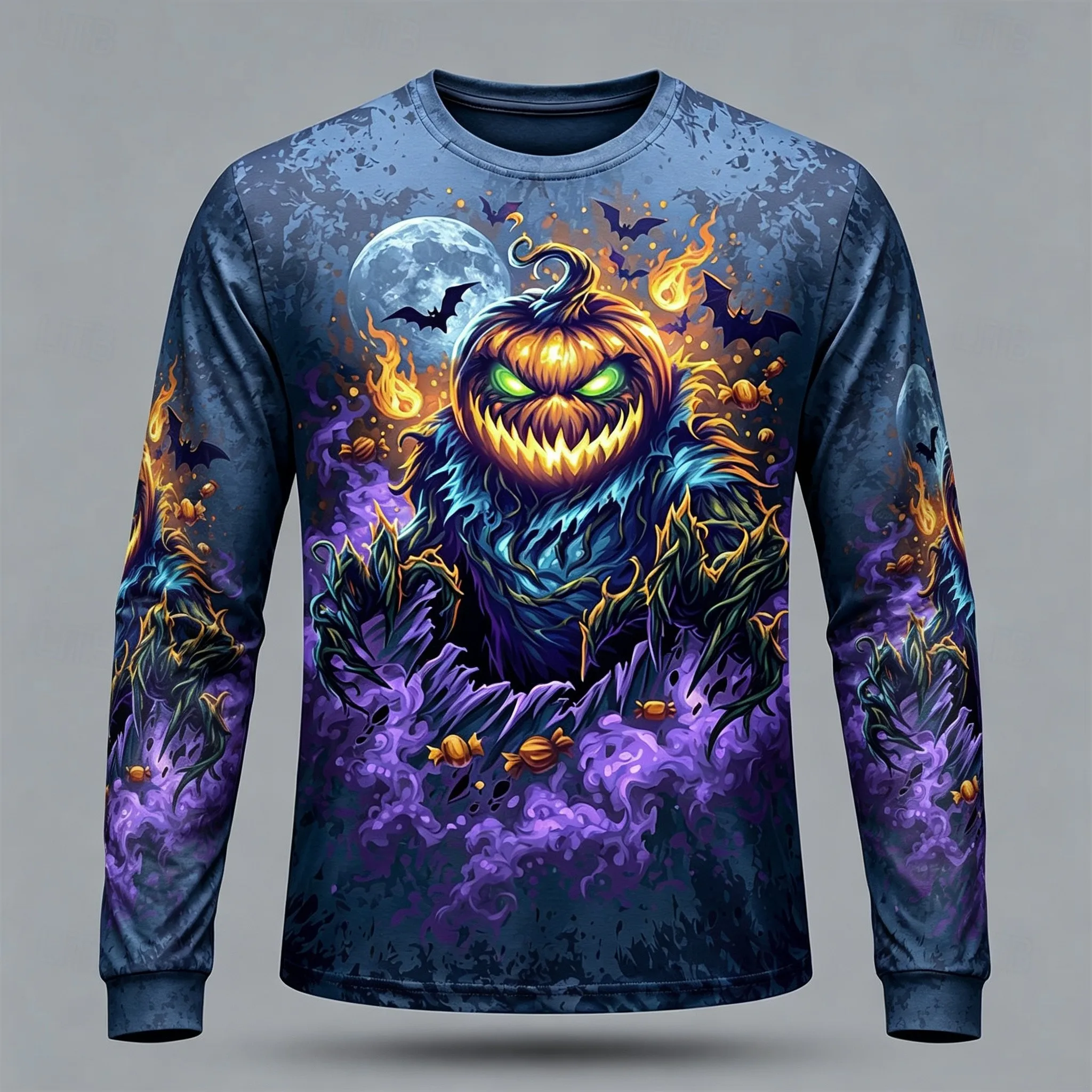 Men's Long Sleeve T-Shirt Halloween Pumpkin Clown 3D Print Crew Neck Horror Streetwear Tops