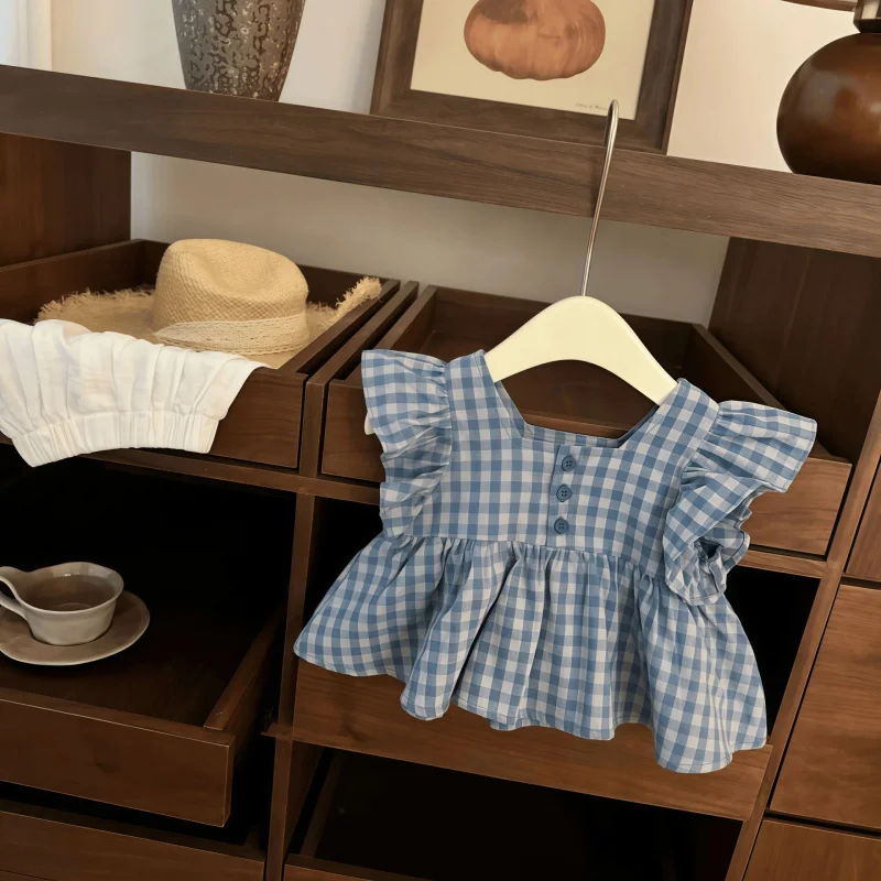 

Sweet Girl！Korean Style Baby Girl Plaid Flutter Sleeve Princess Doll Shirt Shorts Trendy Set