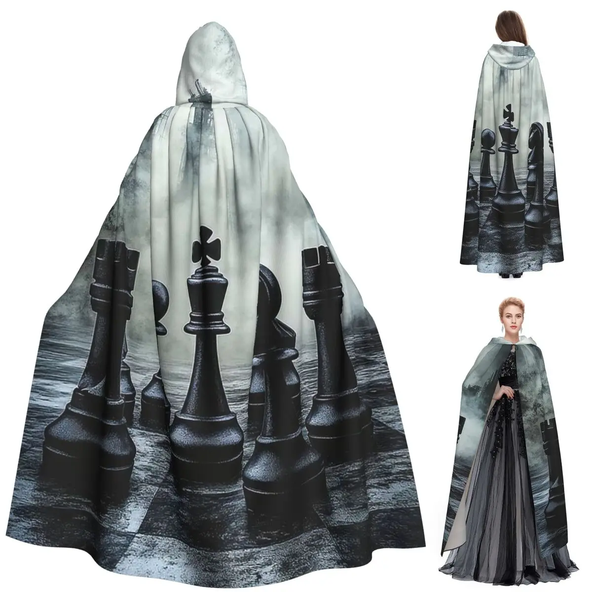 블랙 킹 체스 체스보드 롱 후드 망토 마녀 중세 의상 코스프레 케이프 할로윈 뱀파이어 성인 유니섹스
