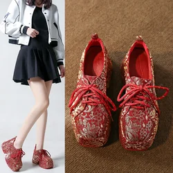 Red Ethnic Style Banquet Shoes, Thick Soled Height Increasing Shoes for Women, 2026 New Spring Ethnic Embroidery Single Shoes