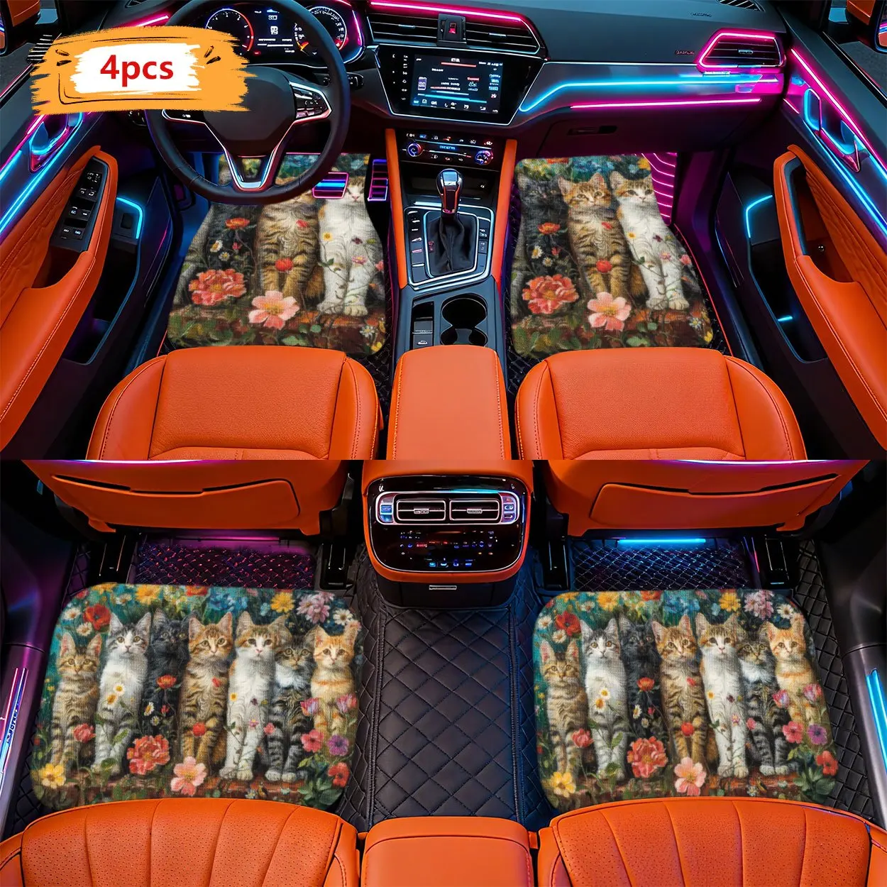 2D Flat, 4pcs Pastoral Style, Cute Cat In Flower Field Car Floor Mats - Compatible With Multiple Car Models, Easy To Clean, Dura