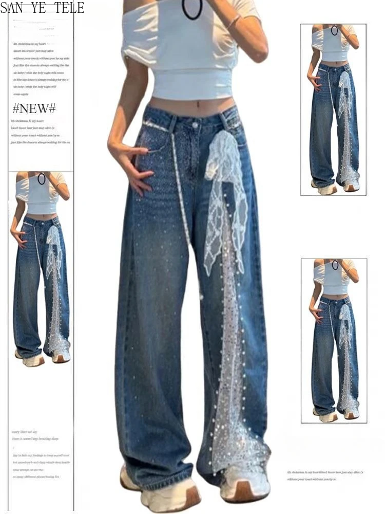 

Bright Diamond Pearl Splicing Lace Jeans Korean Design Women Sexy Y2K Baggy Denim High Waist Straight Leg Floor-Length Pants