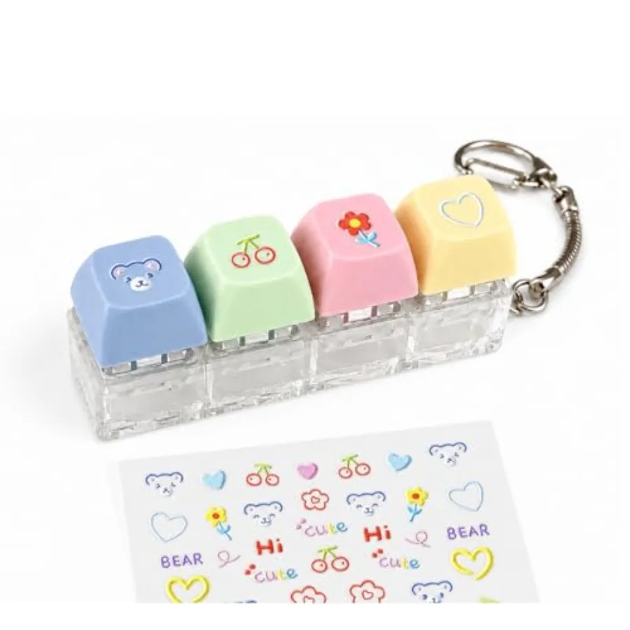 Keyboard Fidget Clicker Fidget Toy - 4-Key Mechanical ASMR Keyboard Keychain with DIY Cute Stickers, Tactile Desk Toy for Anxie