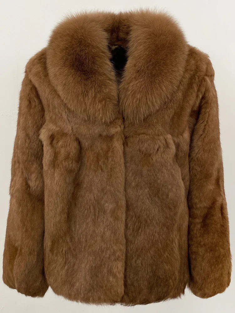 2025년 신상 여성 천연 토끼털 코트 두꺼운 따뜻한 상의 여성 패션 플러피 리얼 폭스 퍼 칼라 재킷