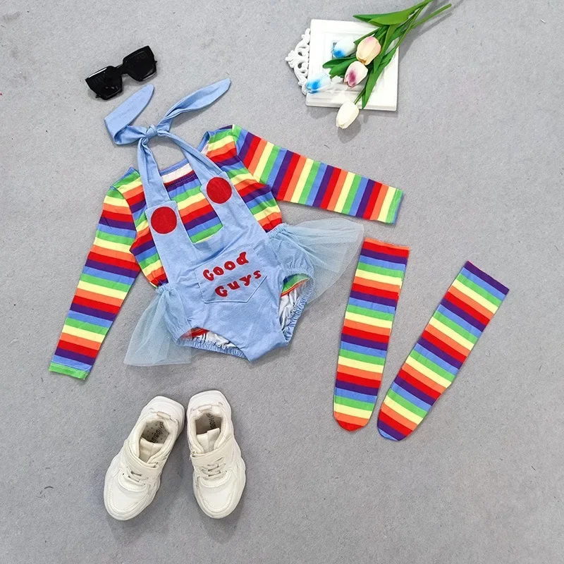 0-5Years Rainbow Stripe Print Tops Toddler Girl 3Pcs Halloween Set Letter Pattern Romper Long Socks