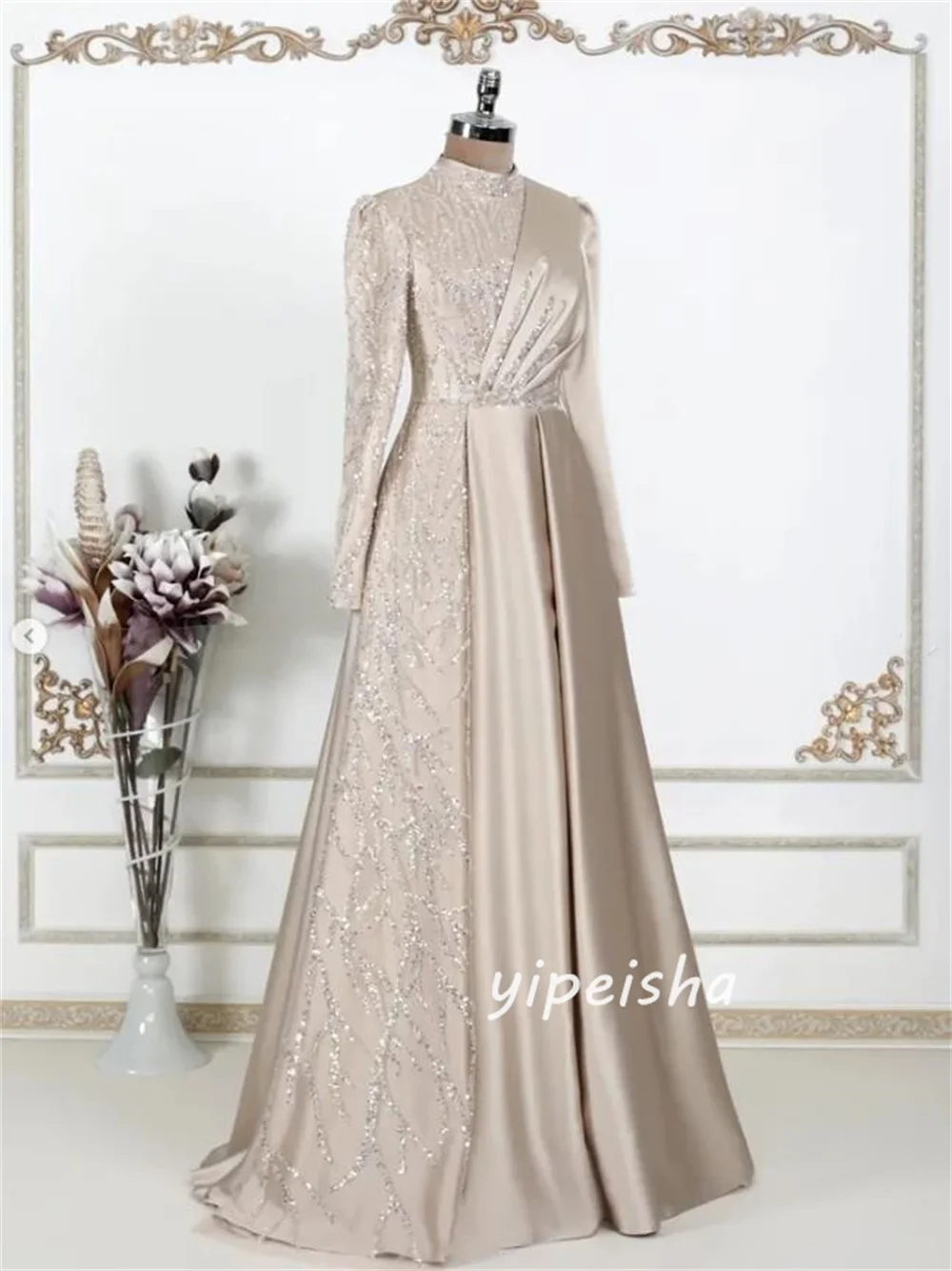 Customized Matching Classic Beading Sequined Pleat Draped A-line High Collar Long Dresses Evening Dresses Exquisite for Woman