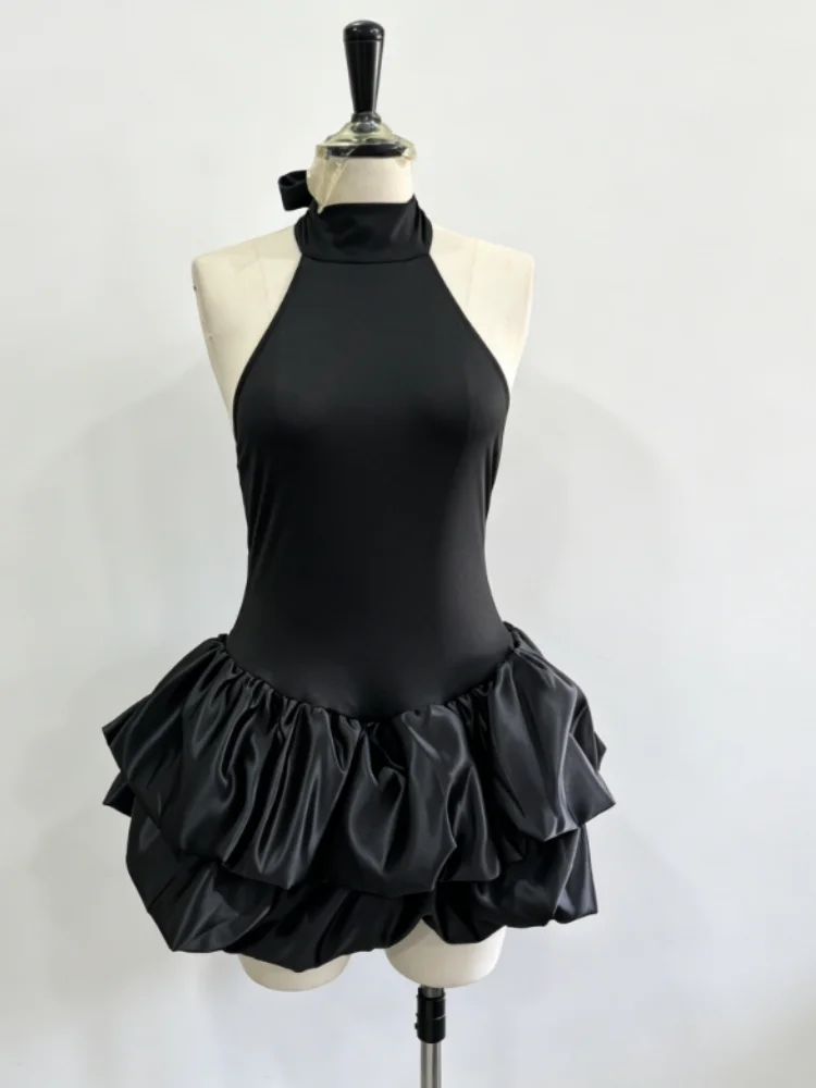 Elegantes Einfarbiges Neckholder-Minikleid mit Rückenausschnitt, Süßer Verzierter Stufenrock mit Rüschen, Damenkleid für Abendpartys, Club und Abschlussball – Detail 3