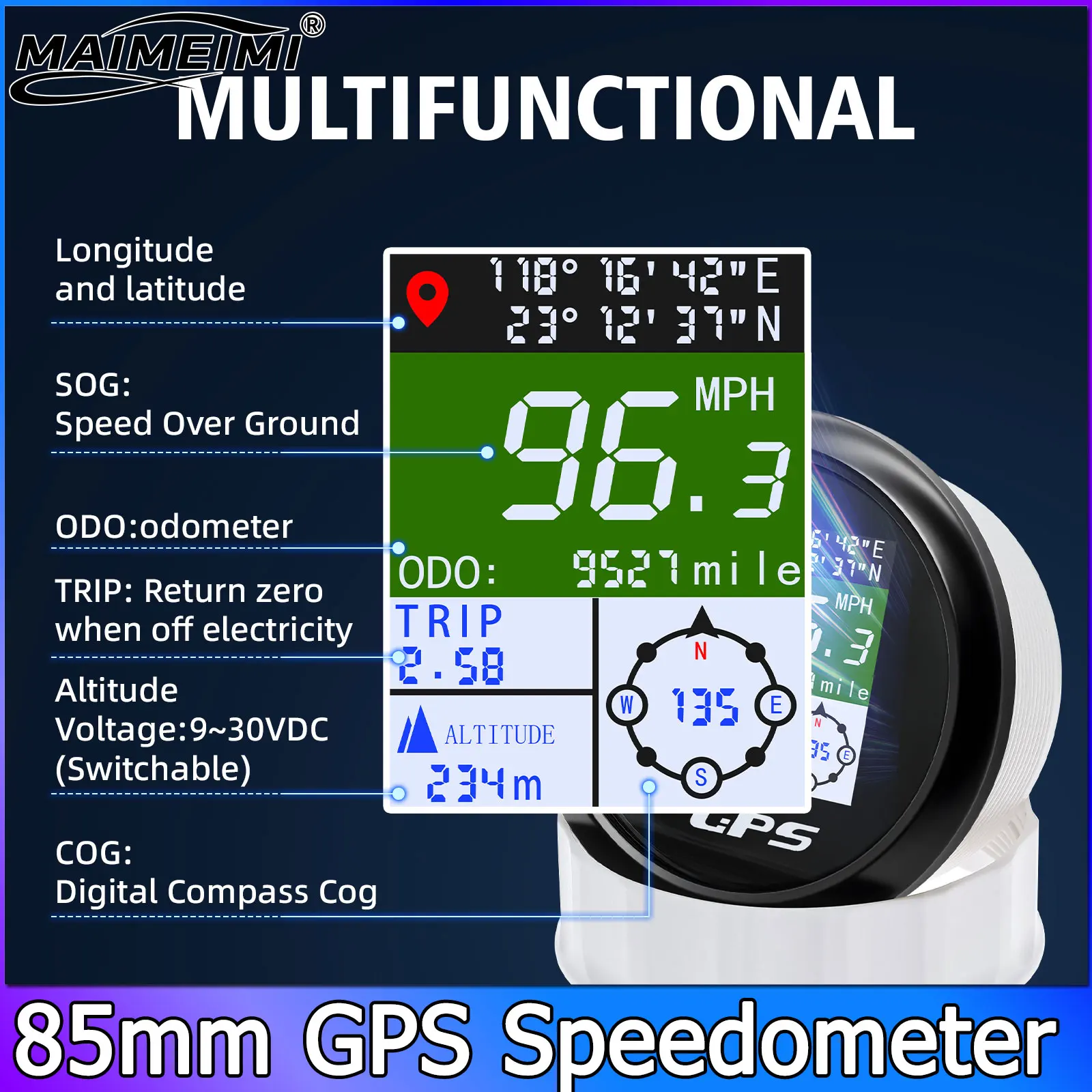 Multifunctional 6IN1 Digital 85mm Gauge GPS Speedometer with GPS Antenna ODO TRIP Compass Longitude Latitude Altitude MPH Knots
