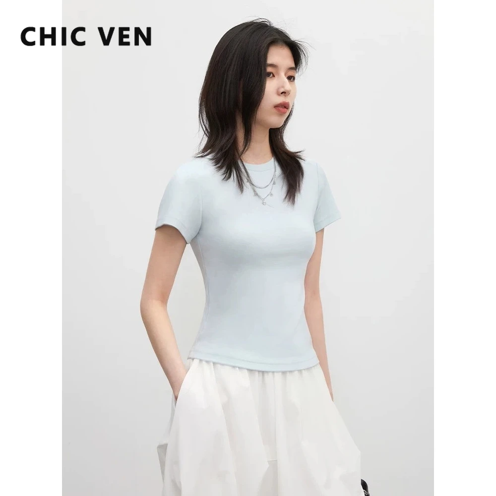CHIC VEN Neues Damen T-Shirt Einfarbig Slim Fit O-Ausschnitt Cool Kurzarm-Oberteil Basic Damen-Pullover Sommer 2026