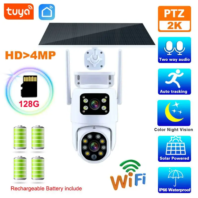 Tuya Solar WiFi Camera Outdoor Waterproof HD 4MP Dual Lens 10000mAh Battery Smart Life APP Wireless PTZ PIR CCTV Auto Tracking