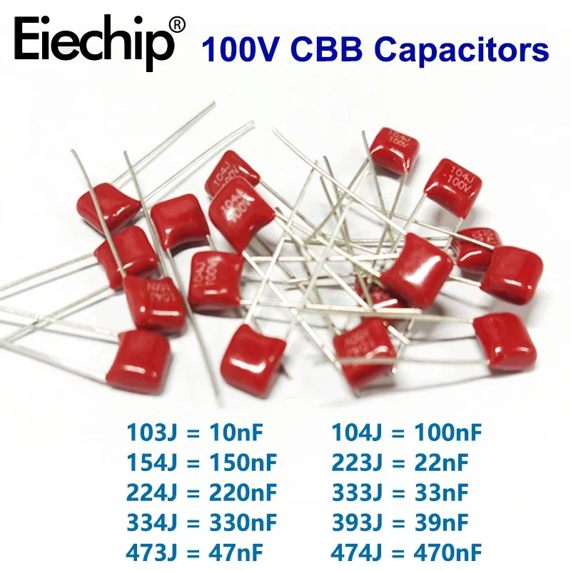 20pcs CBB Polypropylene Film capacitor 10nf-470nf 100v CBB Capacitors Kit 10NF 22NF 47NF 100NF 220NF 470NF 560NF