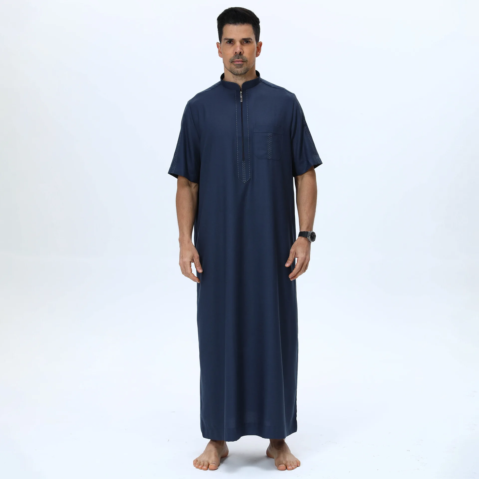 Moroccan Muslim Men's Long Robe Short Sleeve Jubba Thobe Zipper Long Robe Casual Simple Robe Middle East Daffah Dishdasha Saudi