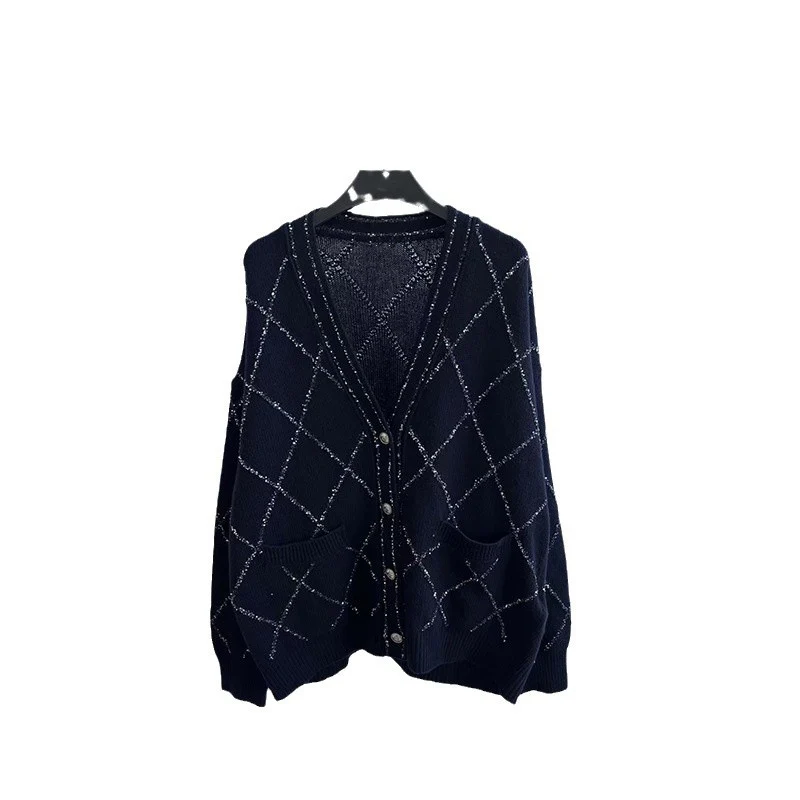 Autumn and winter new dark blue plaid V-neck loose temperament knitted cardigan blouse woman