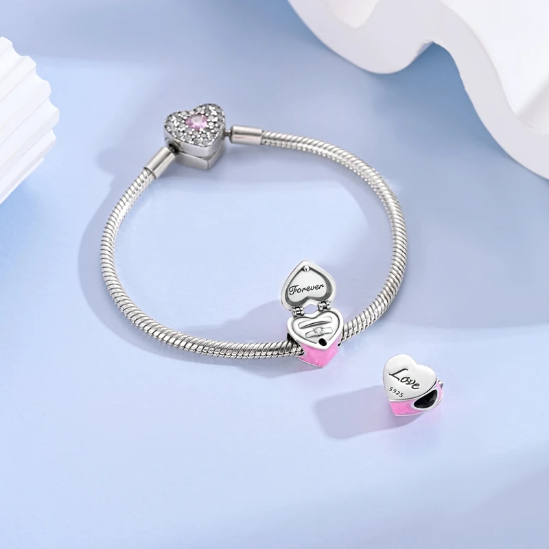 عيد الحب 925 الفضة الأبدية الحب القلب خاتم الزواج صندوق سحر الخرزة سوار ذاتي الصنع المفاتيح النساء المجوهرات هدية للذكرى السنوية