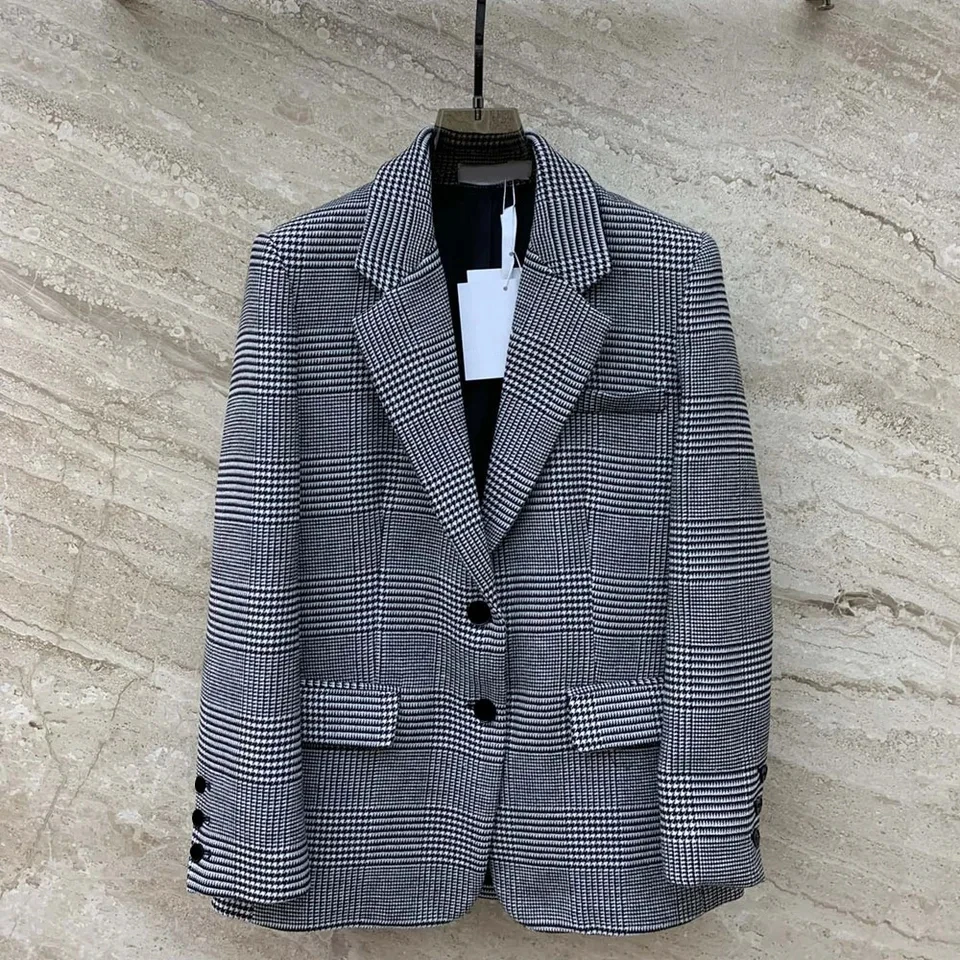 

2024 spring women vintage plaid casual blazers OL notched collar single breasted elegant coats