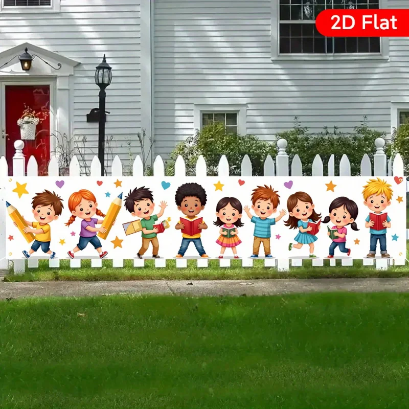 VIKAMA Back to School Yard Banner 2D Flat Kids Pencil Book Print Outdoor Garden Fence Hanging Backdrop School Party Decoration