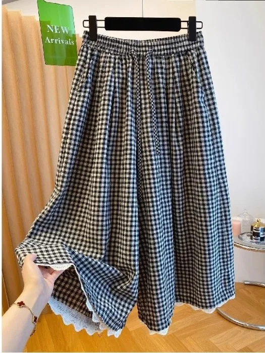 

Summer Plaid Wide Leg Pants Women's Loose Casual Skirt Style Polyester Fabric Anti-shrinkage Straight Cut Pants for Teens
