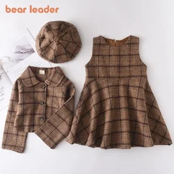 Bear Leader Girls' Set 2-6 Y Spring and Autumn New Girls' Plaid Tank Top Dress+Vintage Coat+beret 3-piece Fashion Baby Party Set