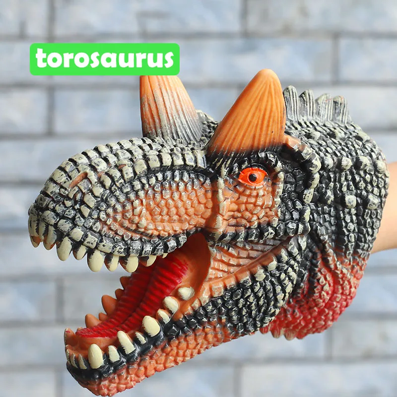 Dinosaurus Zachte Siliconen Handpop Speelgoed Handschoenen Tyrannosaurus Triceratops Hoofd Model Speelgoed Jurass Dinosaur Worlds Kinderen Jongen Gift