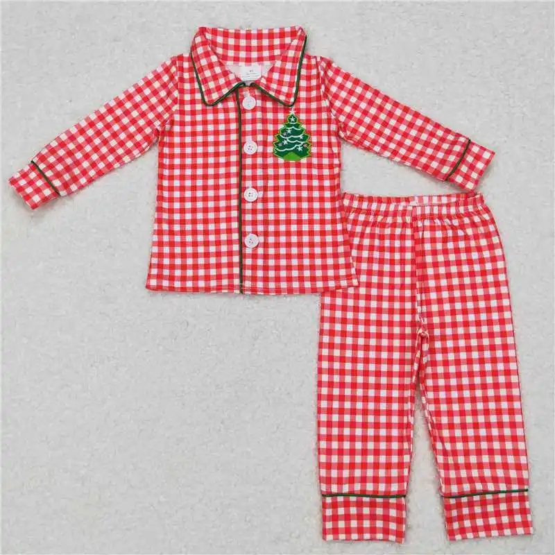 New Fashion Baby Boys Embroidered Star Christmas Tree Red and White Plaid Long Sleeve Pants Suit Wholesale Boutique Kid Suit