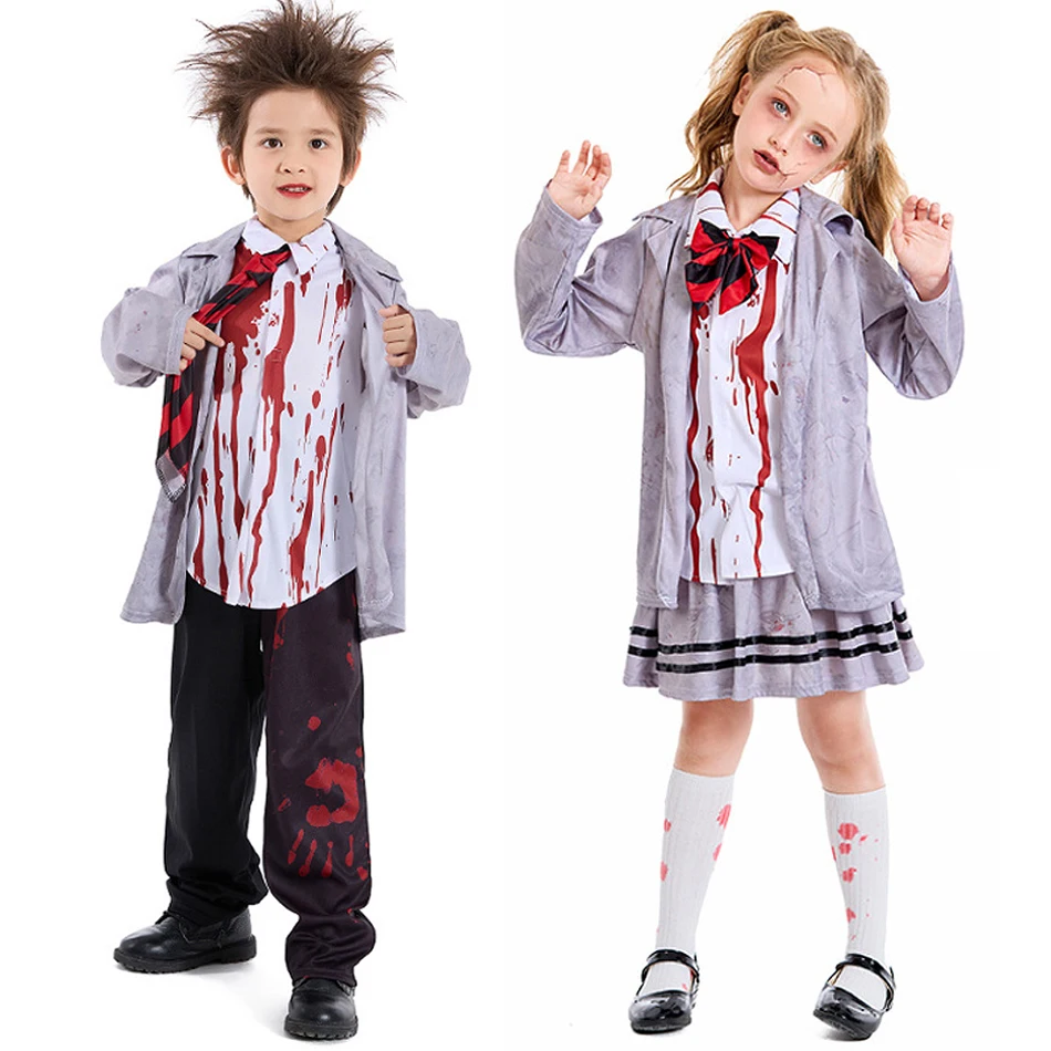 

Kid Halloween Carnival Zombie Vampire Dress Up Clothes Girl Boy Student Grey Uniform 3Pcs Long Sleeve Top Pants Skirt Tie Outfit