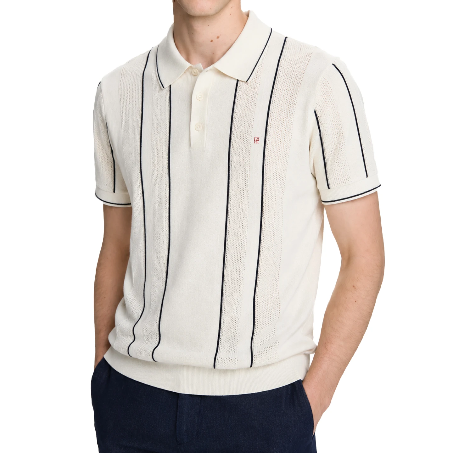 CH Men's  Striped Knit Polo Shirt Short Sleeve Button Down Casual Retro Tennis Style Tops For Daily Wear