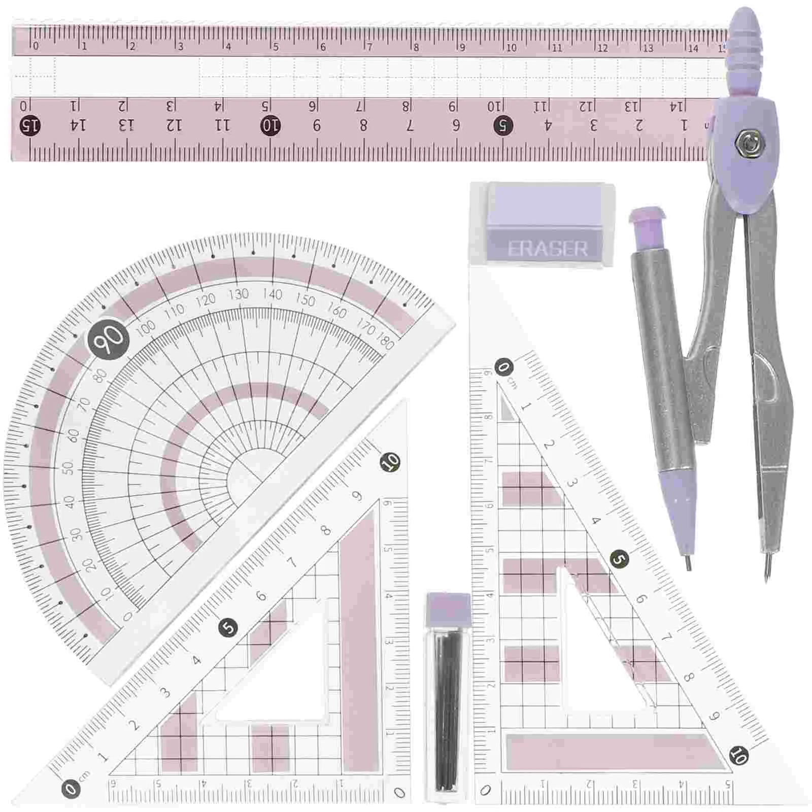 Ruler Set Scale Triangle Compass Drawing Protractor Measurement Tool and Wrought Iron Student Kit Board Office