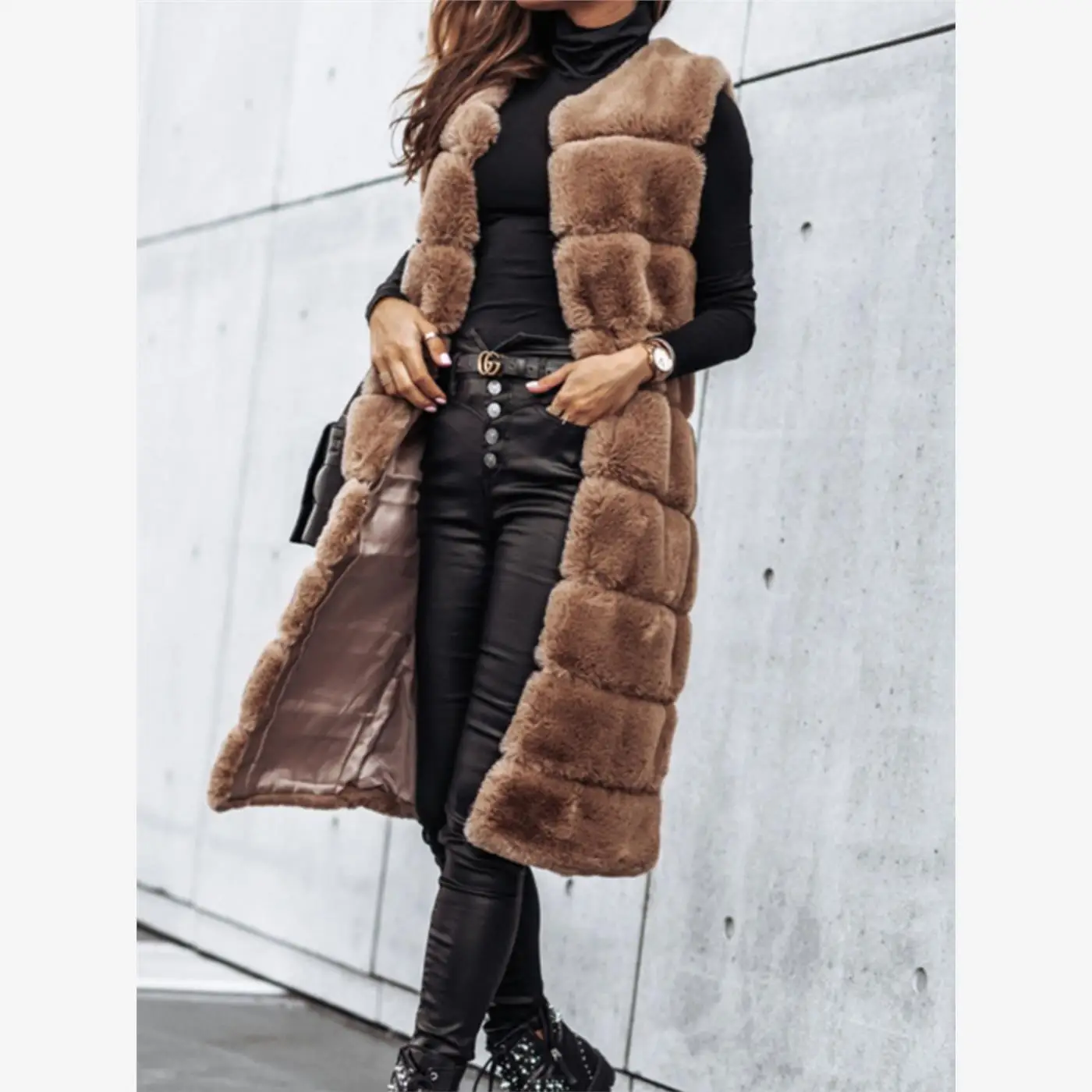 Winter Women's Sleeveless Vest Buttonless Medium-Length Faux Fur Cardigan Soft Leather Backless Outerwear Street Style