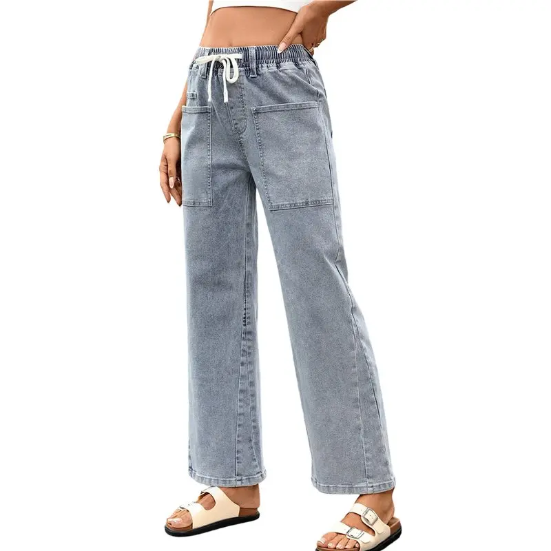 

Женские модные джинсовые брюки-багги с высокой талией, на резинке и шнурке, эластичные, с карманами