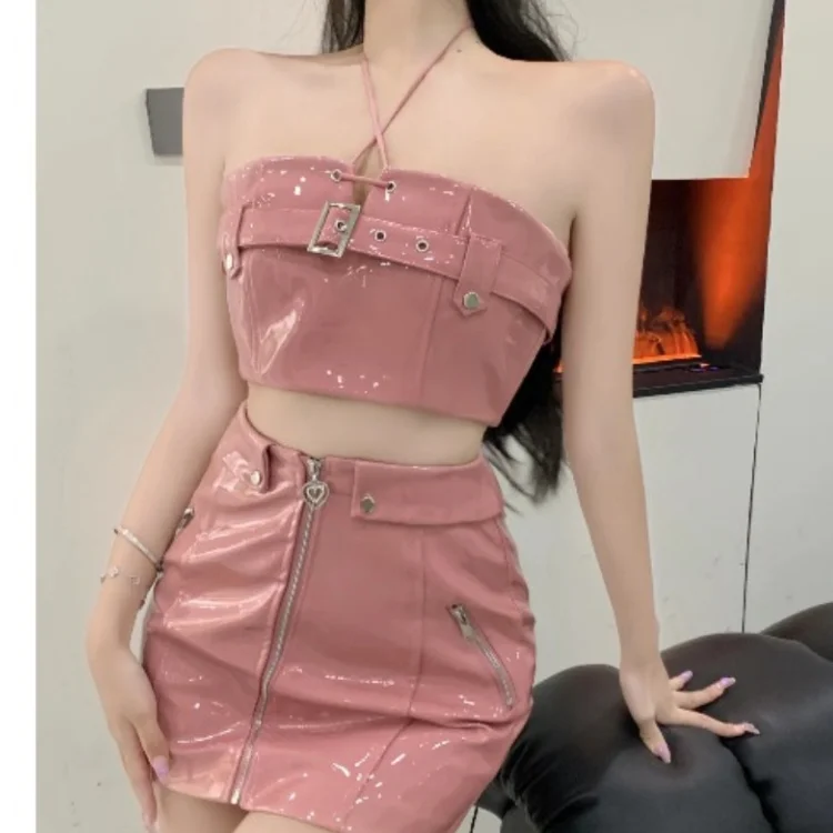 Chaleco corto rosa sin tirantes para mujer + bolso adelgazante de cintura alta, conjunto de Falda corta de cuero para glúteos, conjunto Sexy de 2 piezas de verano para mujer