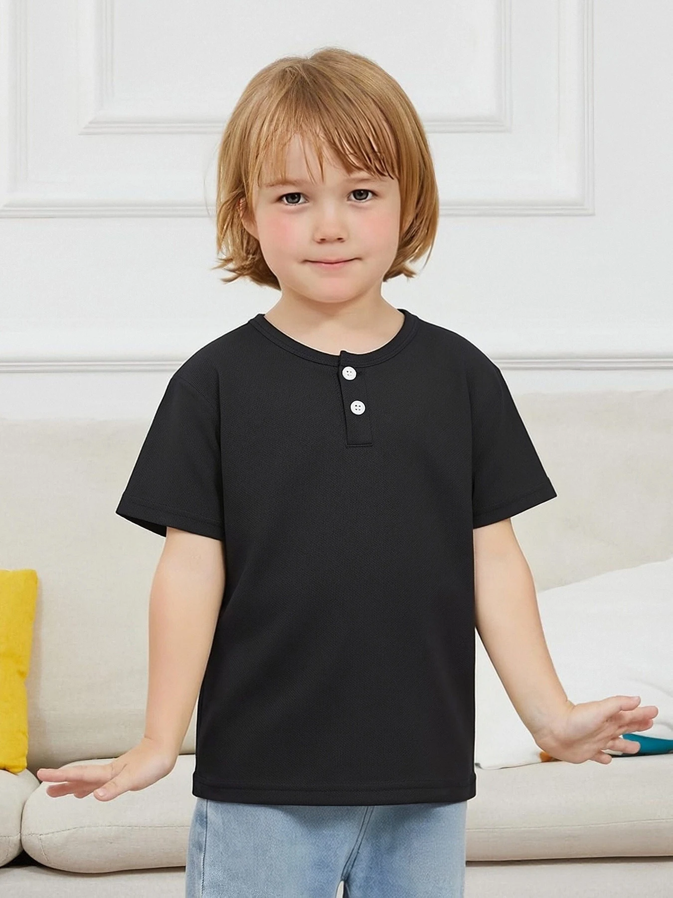 

Летняя детская однотонная модная рубашка с короткими рукавами и пуговицами, модная рубашка в стиле Генри, повседневная футболка для мальчиков и девочек, универсальный топ