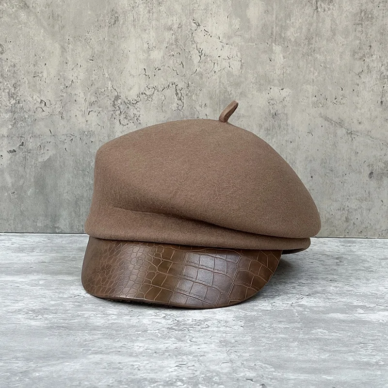 Fashion leather brim wool beret women\'s autumn/winter Korean style newsboy hat British knight hat duck cap Japanese system